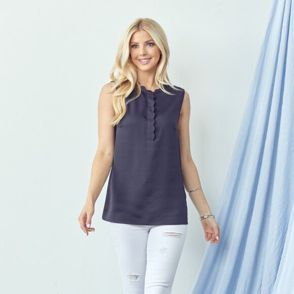 Doe & Rae Tops - DOE & RAE Navy Scalloped Sleeveless Blouse, Elegant Work Top